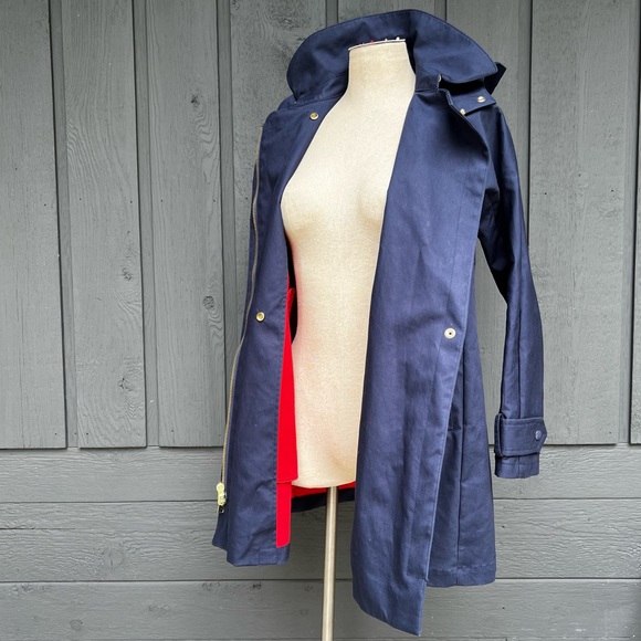 J Crew Belvedere Rain Coat Swing Trench Jacket Navy & Red Hooded - Picture 10 of 16
